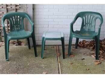 Pair Of Outdoor Green Plastic Chairs & Side Table 21'L X 16'W X 30'H