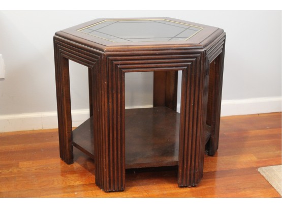 Six Sided Glass Top Wooden Side Table 27'L X 23'W X 20'H