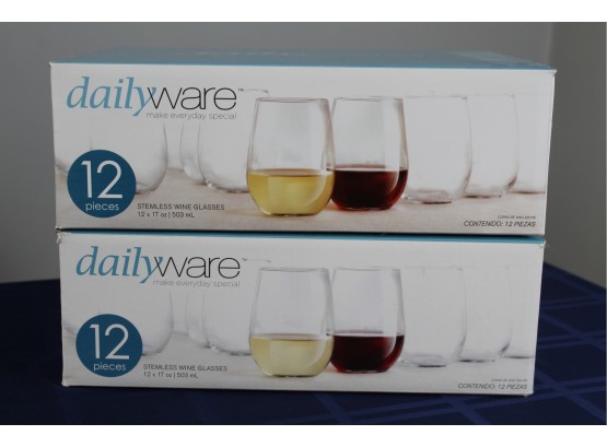 24 Dailyware Stemless Wine Glasses (New In Box)