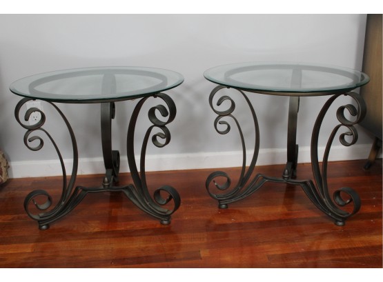 Pair Of Wrought Iron Glass Side Tables 25'D X 21.5'H