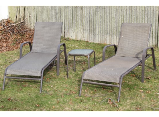 Pair Of Outdoor Chaise Lounge Chairs With Side Table