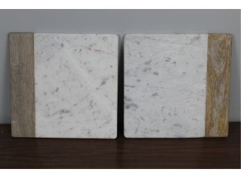 Two Crate & Barrel Wood Marble Square Platters