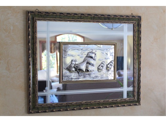 Framed Mirrored Italian Silver Sailboat Relief 27' X 22'