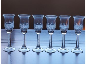 Six Vintage Etched Aperitif Glasses