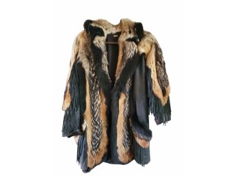 Spectacular Leather And Fox Frilled 3/4 Coat Womans Size Small