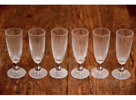Six Silver Banded Crystal Champagne Glasses