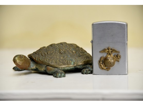 Brass Frog Snuff Box And USMS Lighter
