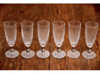Six Silver Banded Crystal Champagne Glasses
