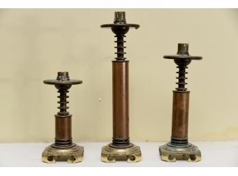 Trio Of Cascading Copper And Brass Candlesticks