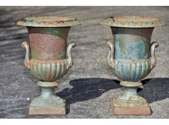 Pair Of Antique Cast Iron Heavy Outdoor Planter Urns 13 X 17
