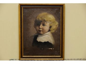 Antique Oil On Canvas Girl 17.5 X 20.5 For Restoration