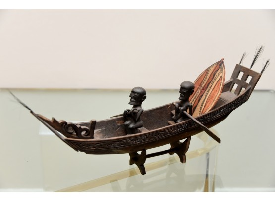 Hand Carved African Canoe With People And Stand- Needs Repair