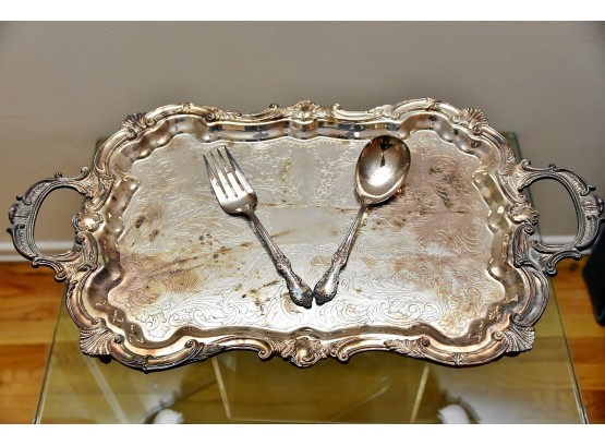 Oversized Silverplate Serving Tray With Utensils