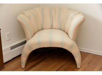 Funky 1980's Fan Back Side Chair In Pink And Blue Striped Fabric 36 X 30 X 30