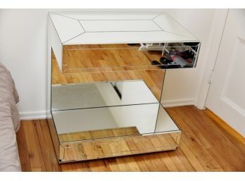 Modern Mirror Insert Paneled Side Table With 2 Drawers 30 X 20 X 30