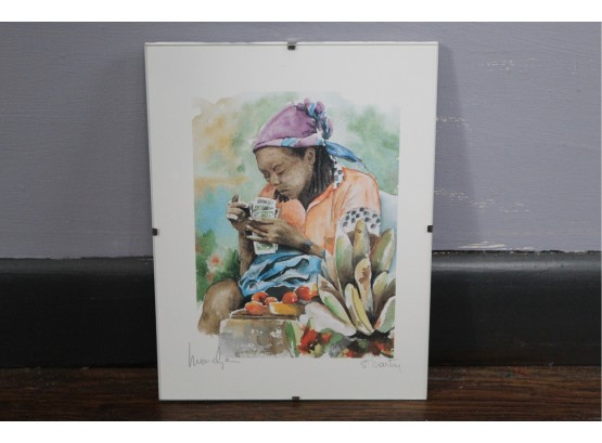 Signed Watercolor Of Woman Counting Money 9.5' X 7'