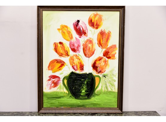 Still Life Oil On Canvas Flowers Signed 'Aela 73' Framed 15 X 19