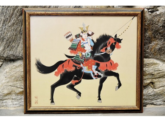 Japanese Samurai On Horseback Painting On Silk 18' X 16'