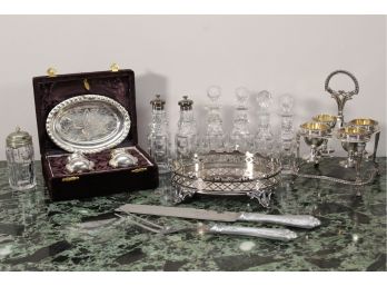 Silver Plated Serving Pieces & Glass Bottle Lot