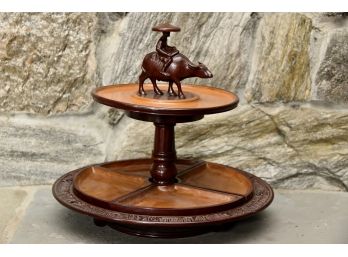 Vintage Hand Carved Wooden Man Riding Bull Lazy Susan
