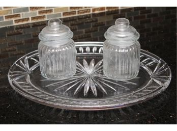 Crystal Glass Platter With Two Covered Glass Honey Jars