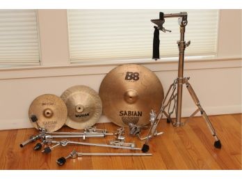 Drum Cymbal Collection With Assortment Of Drum And Cymbal Stands