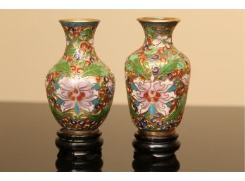 Pair Of Cloisonné Petite Vases With Stands