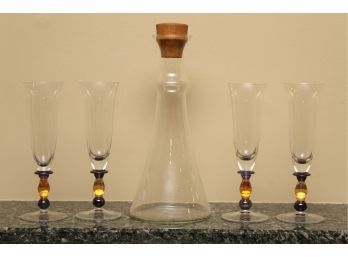 Glass Decanter With Four Hurricane Stem Glasses