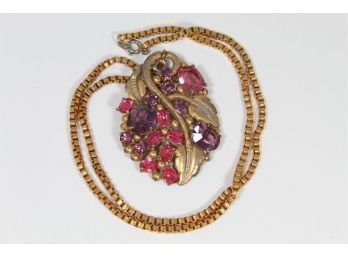 Gold Colored Leaf Necklace With Purple/Pink Rhinestones