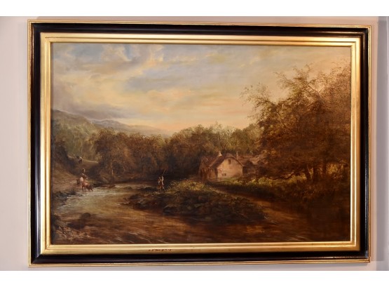 H. Perry 1871 Antique Oil On Canvas 'The River Runs Through'  41' X 29'