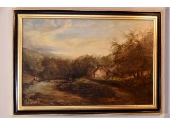 H. Perry 1871 Antique Oil On Canvas 'The River Runs Through'  41' X 29'