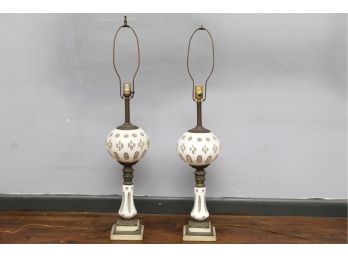 Pair Of Vintage Hand Painted Glass Lamps With Marble Bases