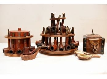 Antique Pipe Collection With Spindles And Tobacco Box