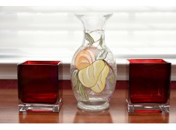 Pair Of Red Glass Square Vases With Crackle Glass Pitcher