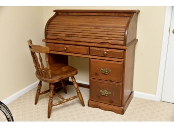 Vintage Pine Roll Top Desk And Chair