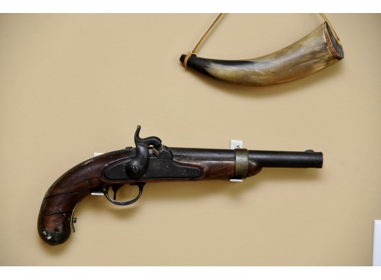U.S. R. Johnson Model 1830's Flintlock Pistol With 'JH' Inscribed In An Oval On The Gun And Gun Powder Flask