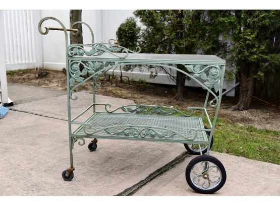 Vintage Outdoor Wrought Iron Bar Cart On Wheels 21 X 36 X 32