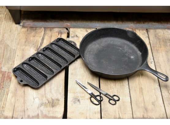 Vintage Cast Iron Frying Pan. Cornbread Pan And Scissors