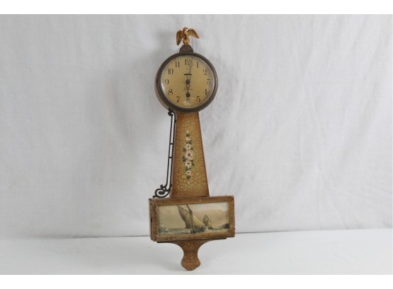 Antique Sessions Hyannis 8 Day Banjo Clock With Eagle Finial & Ship Scene