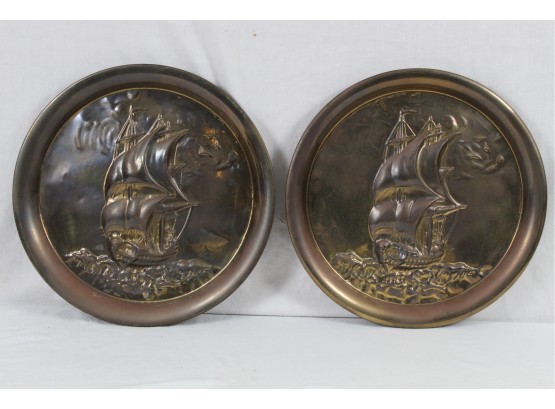 Pair Of Vintage Sailing Ship Relief Wall Plates