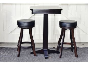 Restoration Hardware High Top Table With Pair Of Leather Swivel Bar Stools