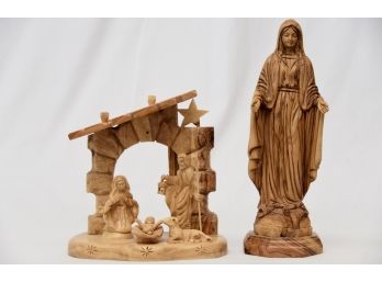 Pair Of Hand Carved Olive Wood Religious Statues