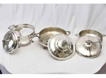 Trio Of Silver Plate Serving Pieces- Missing Pyrex Inserts
