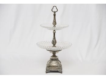 Two Tier Silver Plate Base And Crystal Glass Server