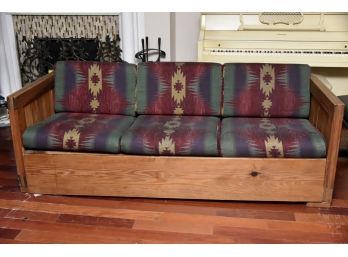 This End Up Pine Sofa With Southwestern Print Cushions 76.5”L X 32”W X 25.5”H