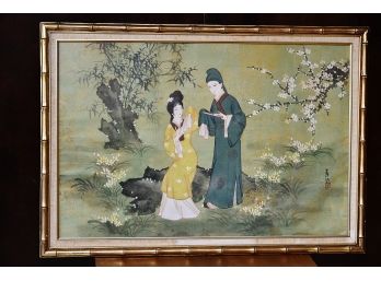 Japanese Silk Art In A Bamboo Stamped And Framed 40' X 28'