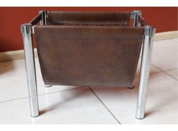 Brown Leather Chrome Leg Magazine Rack 18' X 11' X 15'