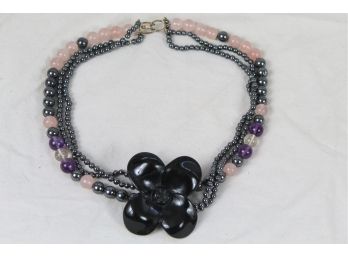 Black Flower Triple Strand Semi Precious Bead Necklace