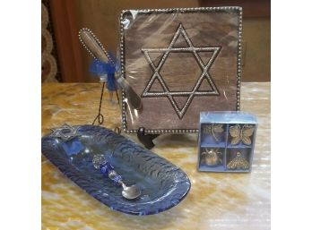 Judaica Blue Glass Serving Set With Mud Pie Napkin Rings