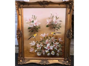 Oil Bird Painting With Signature And Gold Ornate Frame